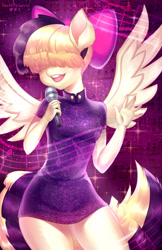 Size: 750x1158 | Tagged: safe, artist:tawni-tailwind, imported from derpibooru, songbird serenade, anthro, pegasus, my little pony: the movie, bow, clothes, cute, female, hair bow, hair over eyes, mare, microphone, music notes, singing, solo, songbetes