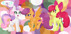 Size: 1024x501 | Tagged: safe, artist:seraphimstardust, deleted from derpibooru, imported from derpibooru, apple bloom, scootaloo, sweetie belle, earth pony, pegasus, pony, unicorn, bow, cutie mark crusaders, hair bow, trio