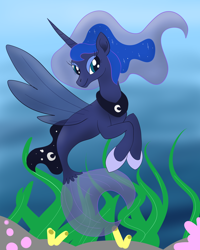 Size: 2480x3093 | Tagged: safe, artist:scraleos, imported from derpibooru, princess luna, alicorn, pony, seapony (g4), my little pony: the movie, blue eyes, eyelashes, female, fin wings, flowing mane, hoof shoes, horn, looking at you, ocean, seaponified, seapony luna, smiling, solo, species swap, tail, underwater, water, wings