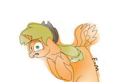 Size: 600x400 | Tagged: safe, artist:sodadoodle, derpibooru exclusive, imported from derpibooru, applejack, alicorn, alicornified, applecorn, bad coloring, colored sketch, eye scream, floppy ears, freckles, hat, race swap, shocked, shocked expression, signature