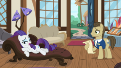 Size: 1920x1080 | Tagged: safe, imported from derpibooru, screencap, davenport, rarity, earth pony, pony, unicorn, it isn't the mane thing about you, background pony, fainting couch, female, hoof hold, lamp, male, mare, quill, quills and sofas, rarity being rarity, stallion