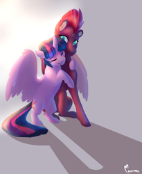 Size: 4100x5000 | Tagged: safe, artist:maxiima, imported from derpibooru, fizzlepop berrytwist, tempest shadow, twilight sparkle, alicorn, unicorn, my little pony: the movie, absurd resolution, broken horn, hug, tempestlight, twilight sparkle (alicorn)