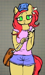 Size: 2032x3408 | Tagged: safe, artist:xmachina, artist:xmachinahot, imported from derpibooru, anthro, bag, blushing, clothes, female, hat, looking at you, solo