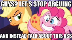 Size: 1024x576 | Tagged: safe, edit, edited screencap, imported from derpibooru, screencap, applejack, pinkie pie, shadow play, applebutt, butt, butt touch, butthug, caption, faceful of ass, hug, image macro, meme, pinkie hugging applejack's butt, plot, this will end in pain, unamused, upset
