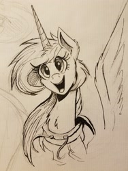 Size: 4032x3024 | Tagged: safe, artist:ncmares, imported from derpibooru, princess celestia, alicorn, pony, clothes, cute, cutelestia, female, hoodie, horn, inktober, mare, monochrome, open mouth, sketch, smiling, solo, traditional art, wings