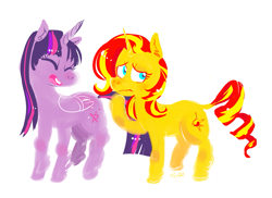 Size: 1377x1000 | Tagged: safe, artist:puffpink, imported from derpibooru, sunset shimmer, twilight sparkle, alicorn, pony, unicorn, cute, eyes closed, female, laughing, lesbian, shimmerbetes, shipping, simple background, sunsetsparkle, twiabetes, twilight sparkle (alicorn)