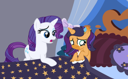 Size: 1510x935 | Tagged: safe, artist:flakyporcupine1989, imported from derpibooru, rarity, oc, oc:jewel fur, hybrid, pony, sphinx, unicorn, my little pony: the movie, bedroom, capperity, comforting, female, filly, next generation, offspring, parent:capper, parent:capper dapperpaws, parent:rarity, parents:capperity