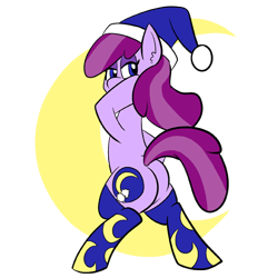 Size: 576x576 | Tagged: safe, artist:pembroke, imported from derpibooru, oc, oc only, oc:beddy bye, earth pony, pony, bipedal, butt, clothes, hat, lidded eyes, looking back, nightcap, plot, socks, solo