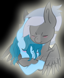 Size: 872x1066 | Tagged: safe, artist:fragrance-mlpng, imported from derpibooru, oc, oc only, oc:laya, oc:swift lightning, pegasus, pony, base used, blushing, disguise, disguised changeling, eyes closed, female, hug, mare, oc x oc, shipping, smiling, watermark