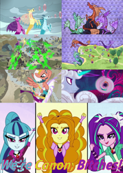 Size: 3832x5349 | Tagged: safe, artist:alphamonouryuuken, edit, edited screencap, imported from derpibooru, screencap, adagio dazzle, aria blaze, somnambula, sonata dusk, star swirl the bearded, hippocampus, merpony, pegasus, siren, equestria girls, rainbow rocks, shadow play, banishment, canon, caption, comparison, cropped, female, mare, portal, storybook, the dazzlings, true form, vulgar