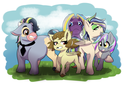 Size: 3235x2223 | Tagged: safe, artist:marukouhai, imported from derpibooru, oc, oc only, oc:chriss, oc:doug, oc:euli, oc:judy, oc:morris, hybrid, minotaur, pegasus, pony, unicorn, colt, female, filly, high res, male, offspring, parent:bulk biceps, parent:diamond tiara, parent:fluttershy, parent:iron will, parent:rumble, parent:silver spoon, parents:flutterbulk