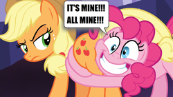 Size: 1920x1080 | Tagged: safe, edit, imported from derpibooru, screencap, applejack, pinkie pie, shadow play, applepie, butt, butt touch, butthug, faceful of ass, female, hug, lesbian, pinkie hugging applejack's butt, plot, shipping, speech bubble, this will end in pain, unamused