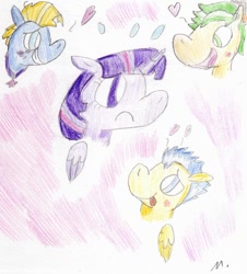 Size: 876x968 | Tagged: safe, artist:ptitemouette, imported from derpibooru, flash sentry, star tracker, timber spruce, twilight sparkle, twilight sparkle (alicorn), alicorn, pony, once upon a zeppelin, equestria girls ponified, ponified, senpai, traditional art