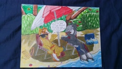 Size: 3264x1836 | Tagged: safe, artist:hilfigirl, imported from derpibooru, oc, oc only, oc:aescula, unnamed oc, beach, drink, magic, palm tree, sand, sunglasses, sunshine, text, traditional art, tree, water