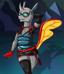 Size: 1031x1200 | Tagged: safe, artist:xexus, imported from derpibooru, oc, oc only, oc:cloudburst, anthro, changedling, changeling, anthro oc, arm behind head, changedling oc, clothes, crossdressing, evening gloves, femboy, fishnet clothing, fishnets, glasses, gloves, horn, latex, latex gloves, long gloves, male, miniskirt, skirt, solo