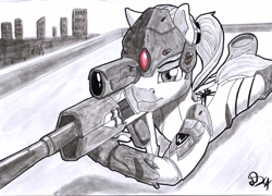 Size: 1663x1200 | Tagged: safe, artist:dsc-the-artist, imported from derpibooru, oc, oc only, earth pony, pony, black and white, female, grayscale, gun, hooves, mare, monochrome, optical sight, overwatch, ponified, rifle, sketch, sniper, sniper rifle, solo, weapon, widowmaker