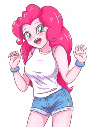 Size: 2480x3507 | Tagged: safe, artist:sumin6301, imported from derpibooru, pinkie pie, equestria girls, blushing, clothes, female, open mouth, shirt, shorts, simple background, smiling, solo, white background
