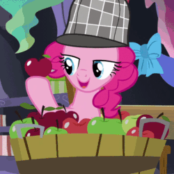 Size: 680x680 | Tagged: safe, imported from derpibooru, screencap, pinkie pie, pony, secrets and pies, animated, apple, deerstalker, female, food, gif, hat, solo