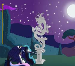 Size: 1024x899 | Tagged: safe, artist:earthyrainbowkitty, imported from derpibooru, discord, princess celestia, pony, crying, dislestia, female, male, night, ring, shipping, sitting, straight, watermark