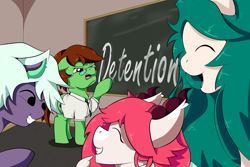 Size: 1500x1001 | Tagged: safe, artist:chrisgotjar, imported from derpibooru, oc, oc only, oc:acorn, oc:azalea, oc:chrisgotjar, oc:fir, chalkboard, classroom, glasses, necktie, school