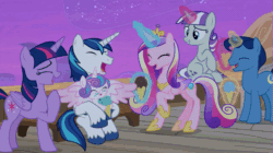 Size: 849x475 | Tagged: safe, imported from derpibooru, screencap, night light, princess cadance, princess flurry heart, shining armor, twilight sparkle, twilight velvet, alicorn, pony, unicorn, once upon a zeppelin, airship, animated, family, female, filly, food, gif, ice cream, laughing, magic, male, mare, siblings, sparkle family, stallion, telekinesis, twilight sparkle (alicorn), zeppelin