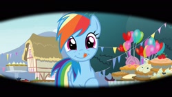 Size: 1920x1080 | Tagged: safe, imported from derpibooru, screencap, rainbow dash, pegasus, pony, secrets and pies, balloon, cute, dashabetes, female, food, licking, licking lips, looking at you, mare, nya, pie, ponyville, solo, tongue out