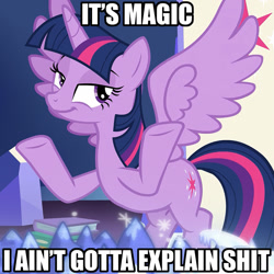Size: 800x800 | Tagged: safe, edit, edited screencap, imported from derpibooru, screencap, twilight sparkle, alicorn, shadow play, it's magic, meme, shrug, text, twilight sparkle (alicorn), vulgar