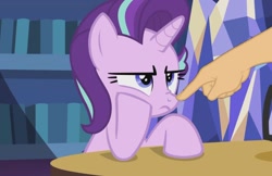 Size: 1443x937 | Tagged: safe, edit, edited screencap, imported from derpibooru, screencap, starlight glimmer, pony, uncommon bond, boop, boop edit, cute, finger, hand
