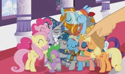 Size: 1587x941 | Tagged: safe, edit, edited screencap, imported from derpibooru, screencap, applejack, flash magnus, fluttershy, meadowbrook, mistmane, pinkie pie, rainbow dash, rarity, rockhoof, somnambula, spike, star swirl the bearded, stygian, dragon, earth pony, pegasus, pony, unicorn, shadow play, boop, boop edit, butt, female, finger, group hug, hand, heartwarming, hug, male, mare, plot, stallion