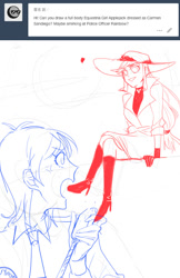 Size: 491x759 | Tagged: safe, artist:extraluna, imported from derpibooru, applejack, rainbow dash, equestria girls, alternate clothes, alternate costumes, angry, carmen sandiego, crossover, looking at each other, police officer, sketch, smug, smugjack, wip, yelling