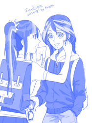 Size: 768x1024 | Tagged: safe, artist:extraluna, imported from derpibooru, sci-twi, sunset shimmer, twilight sparkle, human, equestria girls, monday blues, backpack, blue, cute, female, glasses, humanized, lesbian, looking at each other, monochrome, rain, scitwishimmer, shimmerbetes, shipping, simple background, sunsetsparkle, tissue, twiabetes, wet