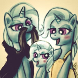 Size: 1280x1280 | Tagged: safe, artist:remyroez, imported from derpibooru, trixie, unicorn, apron, cloak, clothes, facial hair, family photo, female, filly, filly trixie, hilarious in hindsight, mare, moustache, narcissism, self ponidox, selfcest, shipping, solo, this explains everything, triality, trixtrix, younger