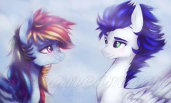 Size: 1064x644 | Tagged: dead source, safe, artist:dagnesmoon, imported from derpibooru, rainbow dash, soarin', pegasus, pony, female, looking at each other, male, shipping, smiling, soarindash, straight