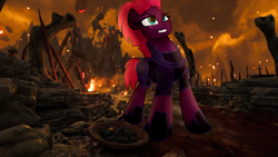 Size: 1024x576 | Tagged: safe, artist:lbrcloud, artist:littleblackraencloud, imported from derpibooru, tempest shadow, pony, my little pony: the movie, clothes, doom, doom 2016, female, fire, get, grin, index get, looking up, mare, rock, ruins, sky, smiling, solo, standing, video game