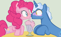 Size: 1024x630 | Tagged: safe, artist:mlplovergal18, imported from derpibooru, pinkie pie, pokey pierce, earth pony, pony, unicorn, base used, boop, eye contact, female, looking at each other, male, mare, milkshake, noseboop, pokeypie, sharing a drink, shipping, stallion, straight, straw