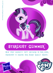 Size: 1194x1620 | Tagged: safe, imported from derpibooru, starlight glimmer, blind bag, blind bag card, card, custom, customized toy, hasbro logo, irl, my little pony logo, not rarity, palette swap, photo, recolor, solo, toy