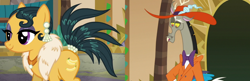 Size: 1804x584 | Tagged: safe, edit, imported from derpibooru, screencap, cleopatra jazz, discord, draconequus, pony, dungeons and discords, aroused, cropped, discorpatra, eyes on the prize, feather boa, female, implied shipping, interspecies, jewelry, male, pearl, shipping, straight, substitute, zoot suit