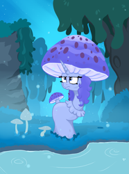 Size: 1837x2464 | Tagged: safe, artist:paskanaakka, derpibooru exclusive, imported from derpibooru, oc, oc only, oc:midnight dew, monster pony, mushroom pony, original species, unicorn, bush, dream, grumpy, monster mare, mushroom, nose wrinkle, solo, species swap, tree, water