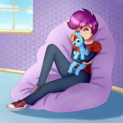 Size: 2300x2300 | Tagged: safe, artist:focusb, imported from derpibooru, scootaloo, human, bean bag chair, beanbag chair, clothes, converse, cute, cutealoo, eyes closed, female, happy, hug, humanized, implied rainbow dash, pants, plushie, shoes, smiling, sneakers, toy