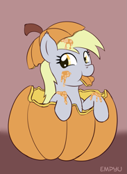 Size: 733x1000 | Tagged: safe, artist:empyu, imported from derpibooru, derpy hooves, pegasus, pony, 30 minute art challenge, eating, female, herbivore, horses doing horse things, pumpkin, smiling, solo