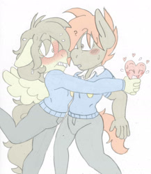 Size: 1645x1893 | Tagged: safe, artist:blackbewhite2k7, imported from derpibooru, button mash, featherweight, anthro, awkward moment, blushing, clothes, feathermash, femboy, gay, heart, in a heartbeat, male, school uniform, shipping, trap