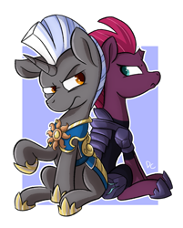 Size: 1067x1328 | Tagged: safe, artist:deadlycomics, imported from derpibooru, tempest shadow, oc, oc:scope, pony, unicorn, my little pony: the movie, armor, broken horn, female, male, mare, royal guard armor, scowl, simple background, stallion