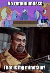Size: 400x588 | Tagged: safe, edit, edited screencap, imported from derpibooru, screencap, agua fresca, iron will, lily peel, sun cloche, sunny side, tropic heat, minotaur, once upon a zeppelin, borderlands, marcus kincaid, meme, that's my x