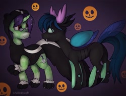 Size: 1992x1512 | Tagged: safe, artist:incendiaryboobs, artist:incendiarymoth, imported from derpibooru, oc, oc only, oc:crescent star, oc:raeonn, changeling, crystal pony, pony, unicorn, changeling oc, clothes, costume, crystal unicorn, fangs, glasses, halloween, holiday, hoodie, looking at each other, nightmare night, smiling
