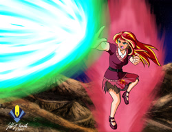 Size: 3850x2975 | Tagged: dead source, safe, artist:penspark, imported from derpibooru, sunset shimmer, human, clothes, commission, crossover, dragon ball, dragon ball z, female, humanized, kaio-ken, kamehameha, one-handed kamehameha, signature, solo