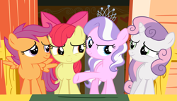 Size: 4375x2500 | Tagged: safe, artist:tomfraggle, imported from derpibooru, apple bloom, diamond tiara, scootaloo, sweetie belle, pony, absurd resolution, clubhouse, crusaders clubhouse, cutie mark crusaders, female, filly, smiling, tiara