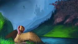 Size: 5909x3350 | Tagged: safe, artist:auroriia, imported from derpibooru, fluttershy, dragon, pegasus, pony, canterlot, female, grass, looking up, mare, mountain, outdoors, rear view, river, scenery, silhouette, sitting, solo, tree