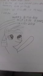Size: 3264x1836 | Tagged: safe, imported from derpibooru, rainbow dash, 5 minute art challenge, 5 minutes challenge, facebook sticker, female, happy birthday mlp:fim, messenger, mlp fim's seventh anniversary, monochrome, redraw, restyled, solo, traditional art