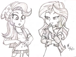 Size: 2591x1943 | Tagged: safe, artist:mayorlight, imported from derpibooru, starlight glimmer, sunset shimmer, equestria girls, mirror magic, spoiler:eqg specials, beanie, belly button, clothes, grayscale, hat, midriff, monochrome, open mouth, pencil drawing, shirt, shirt lift, sketch, smiling, traditional art