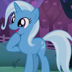 Size: 1004x1003 | Tagged: safe, imported from derpibooru, screencap, trixie, pony, unicorn, uncommon bond, cute, diatrixes, female, happy, mare, open mouth, raised hoof, smiling, solo